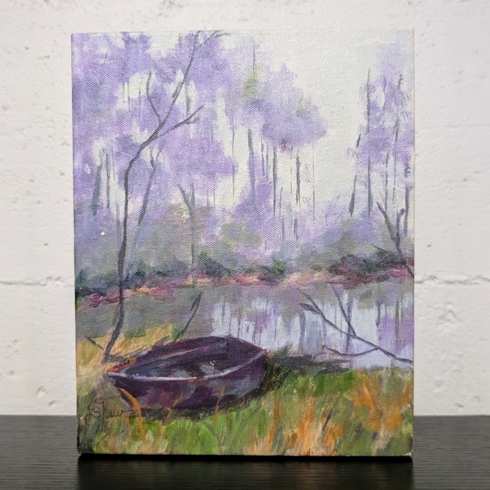 Serene Landscape Original Painting with Purple and Green Hues